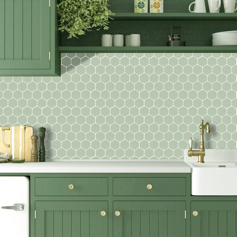 Vividtiles-pegatinas de azulejos de pared 3d de hexogón verde claro, papel tapiz de vinilo adhesivo fuerte para pared interior, contra salpicaduras
