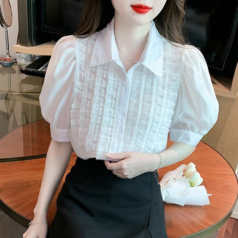 Женская шифоновая блузка с коротким рукавом, однотонная Повседневная универсальная блузка во французском стиле, лето 2024