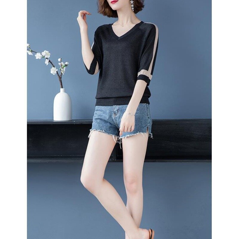 Temperament Summer Thin Women's Contrast Color Bright Silk Screw Thread Ice Silk Fabric Simple Half Sleeve Loose Knitted Tops