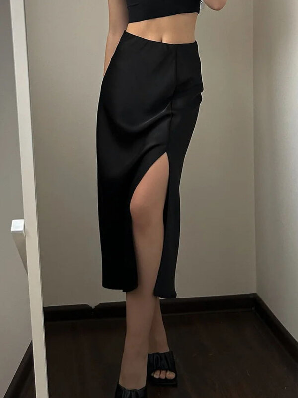 Длинная юбка с высокой талией и разрезом, модная облегающая серая ацетатная атласная юбка, базовые универсальные юбки с эластичным поясом для женщин, Новинка лета 2024