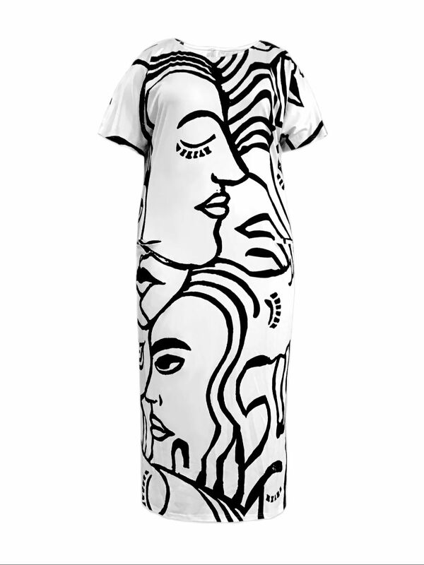 Lw-女性の抽象的な図プリント半袖ドレス、サイドスリットドレス、ポケットデザイン、ルーズ、カジュアル、夏、プラスサイズ