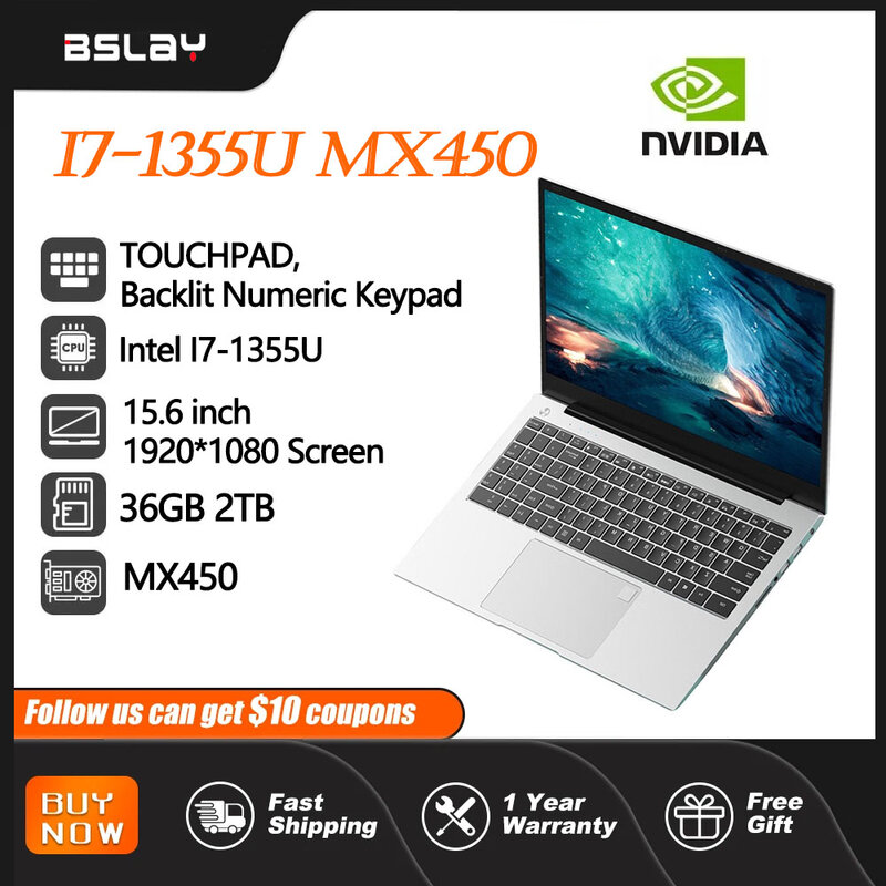 Laptop 15,6 cala Intel I7-1355U NVIDIA MX450 Podświetlana klawiatura 36 GB DDR4 2 TB SSD 10 rdzeni 12 wątków Komputer odblokowywania linii papilarnych