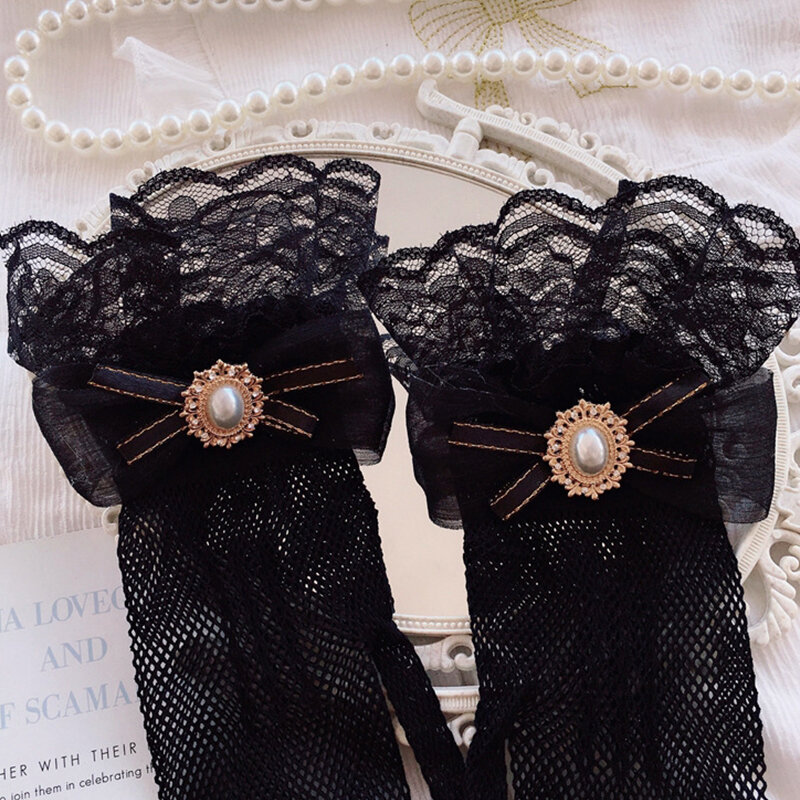 Gants de mariage en dentelle avec nœud papillon pour femmes, doigts complets, accessoires élégants, fournitures de fête, magnifique document, blanc et noir, 1 paire