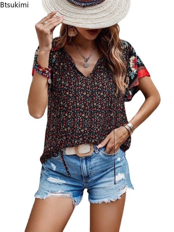 2024 Women's Summer Casual Shirts Vintage Ethnic Style Floral Print Blouse Tops V-neck Short Sleeve Shirt Streetwear Loose Tops