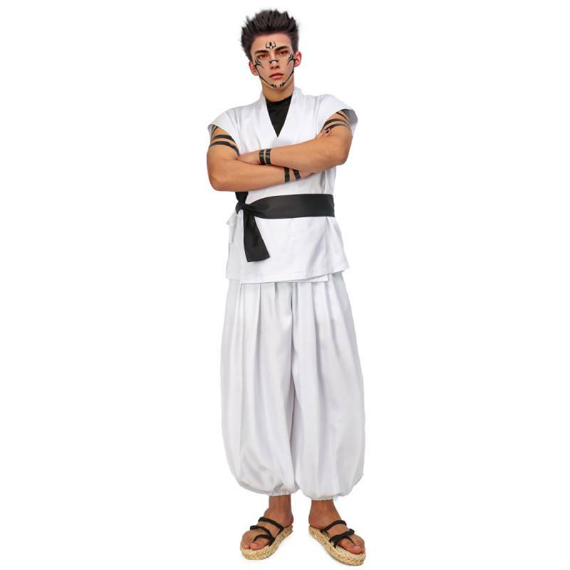 WENAM Men's US Size Ryomen Sukuna Cosplay Costume White Kung Fu Suit with Tattoo Stickers for Halloween Comic Con Outfits