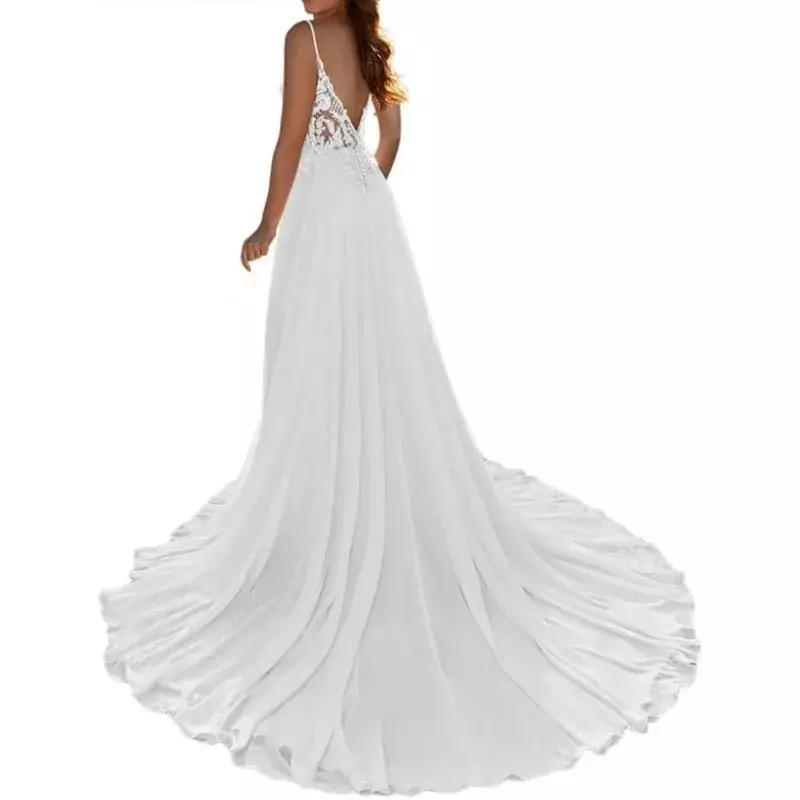 Wakuta gaun pernikahan kerah V dalam gaun pengantin renda bordir sifon gaun pengantin gaun pernikahan pantai untuk pengantin vestidos formal