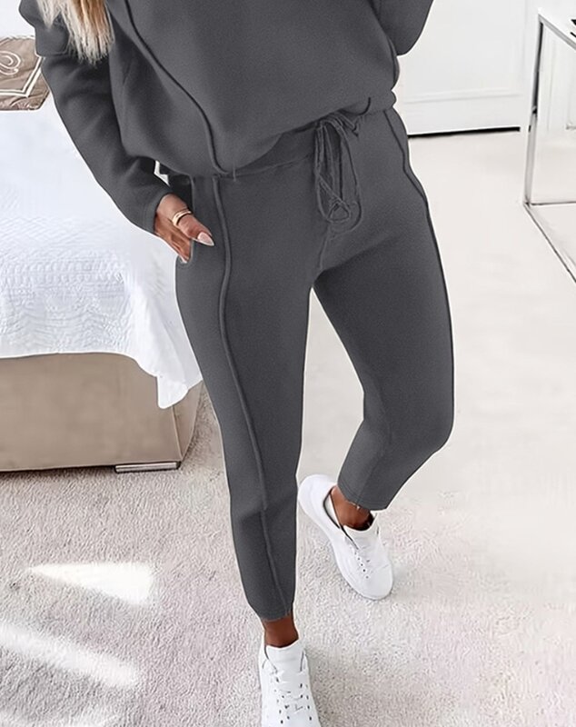 Woman Trousers Two Piece Outfits Female Casual Clothing New Women's Fashion Contrast Piping Top & Drawstring Pants Set