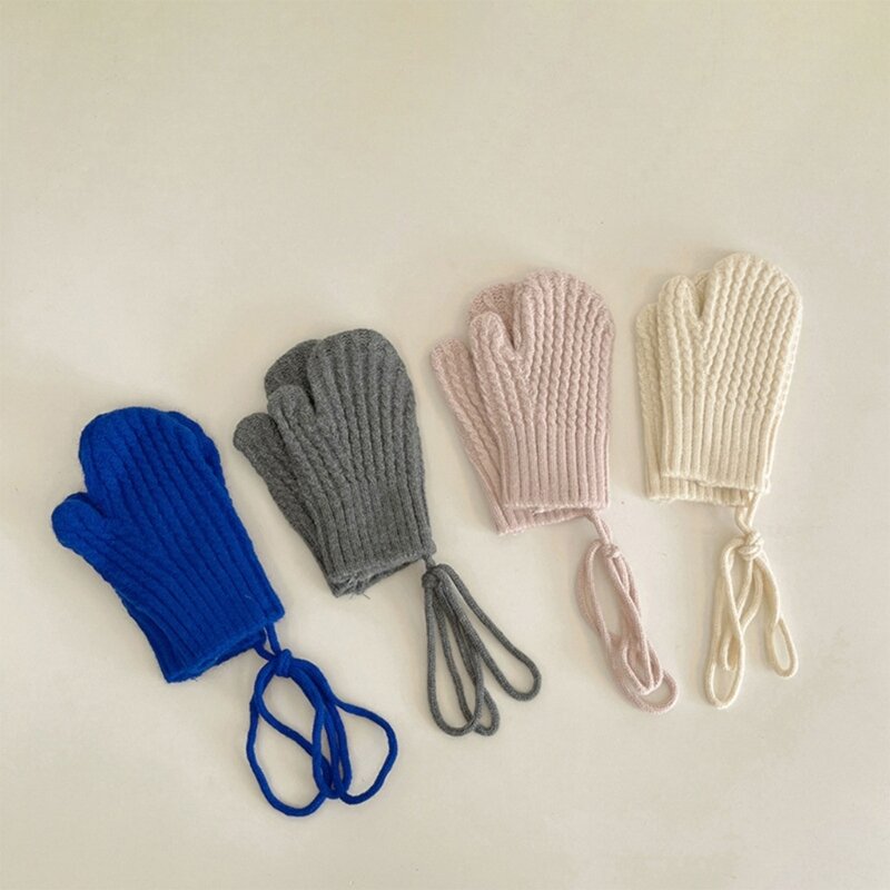 Wool Knitted Kids Winter Gloves For Girls Boys Solid Color Children Warm Mittens With Straps Baby Accessories 4-10 Years Old