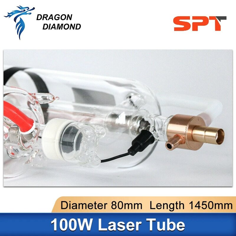 Tubo láser Co2, 100-130W, SPT C100 Dia Fuente de alimentación láser Co2 para máquina de corte y grabado láser, 80mm de longitud, 1450mm, 100W, 130W