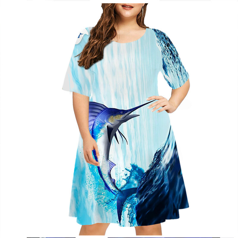 Женское свободное платье в стиле Харадзюку, летнее платье большого размера с круглым вырезом, коротким рукавом и 3D-принтом, одежда для рыбалки в уличном стиле, 6XL