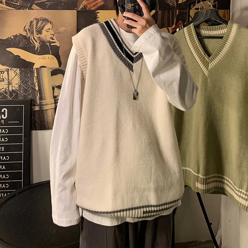 남성용 V넥 탱크 스웨터, 얇은 품질, 루즈하고 멋진 민소매 격자 무늬 니트 셔츠, 조끼 코트, 용수철 가을, 2024 신상