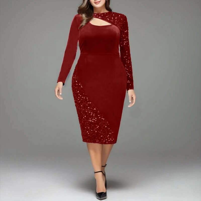 Женское винтажное платье с длинным рукавом, облегающее платье средней длины с блестками и сверкающими блестками, элегантное красное платье