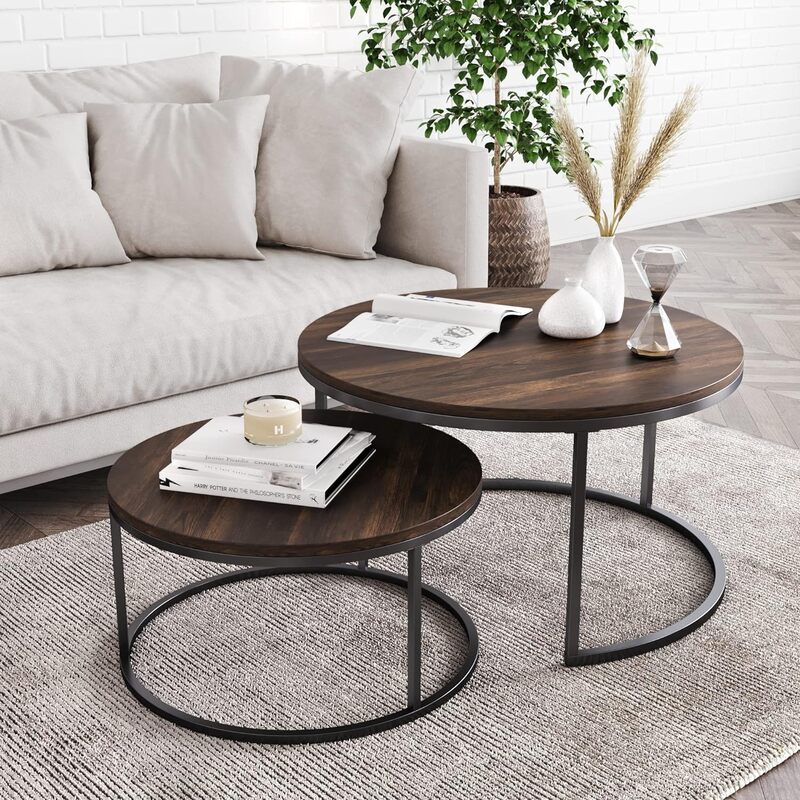 Round modern nested coffee set 2 sets with industrial wood finish and powder-coated metal frame in warm nutmeg/matte black