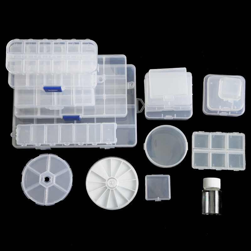 Caixa de jóias de plástico claro multiuso caixa de ferramentas de plástico multi-tamanho contas ajustáveis brincos de armazenamento de jóias quadrado/caixa redonda