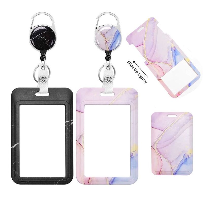 Fashionable Women Pink Marble ID Badge Holder with Badge Reel Retractable ID Card Holder Keychain Name Badge Clip