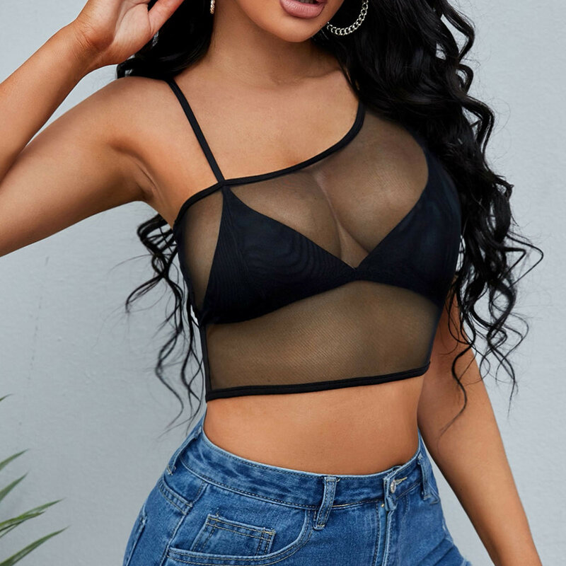 Sexy Black Women Sleeveless Sheer Mesh Top One Shoulder Shirt Streetwear Tees Slim See-through Transparent Crop Tops Club Blouse