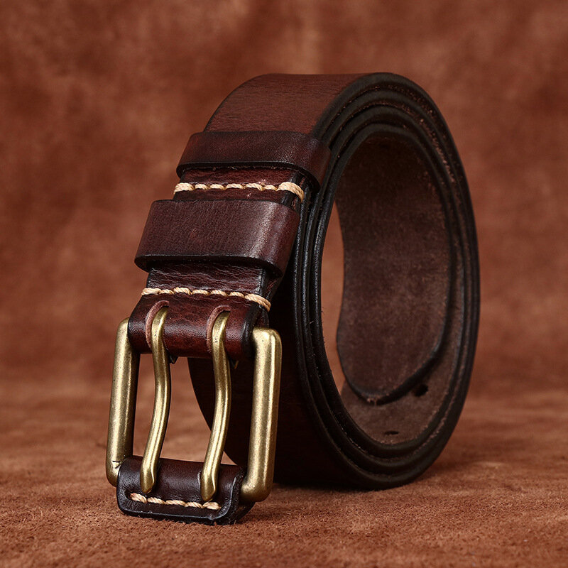Cinturón de cuero con hebilla de doble aguja para hombre y mujer, 3,8 cm de ancho y 4mm de grosor, estilo étnico, caza táctica, europeo y americano