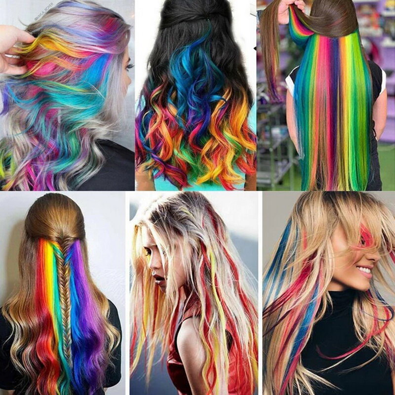 50cm Rainbow Synthetic Hair Extensions With Clips Heat Resistant Wigs For Women Straight Hairpieces Colored Highlight Hair Clip