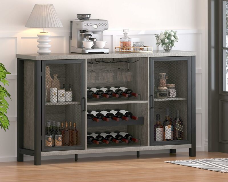 IBF Rustic Liquor Bar Cabinet, Industrial Coffee Wine Cabinet for Liquor and Glasses, Farmhouse Bar for Home Kitchen Living