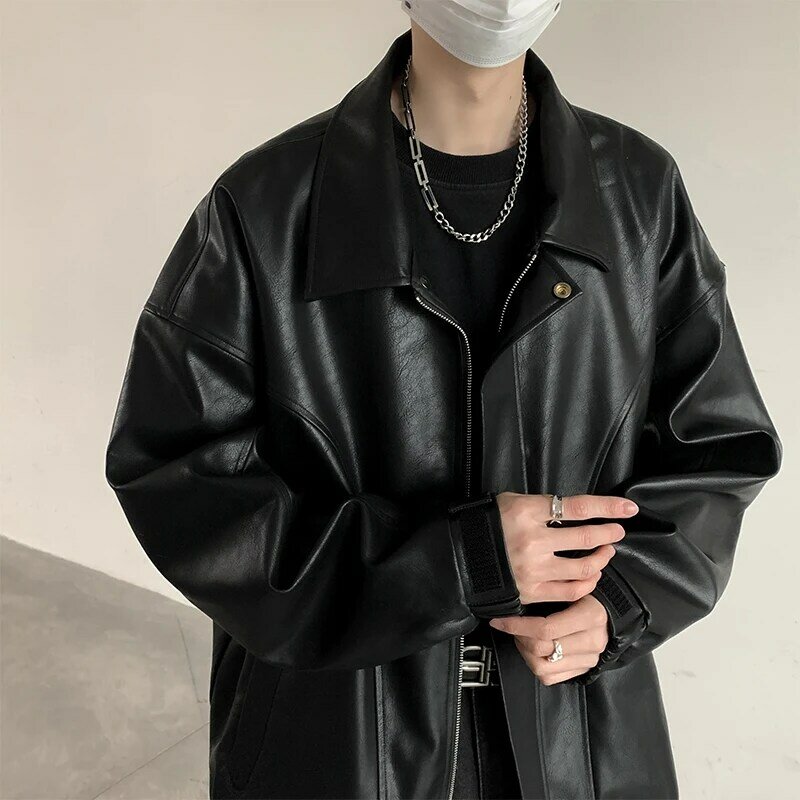 korean fashion Men's black leather jacket, loose lapel bomber jacket, motorcycle jacket, personalized designer men clothing