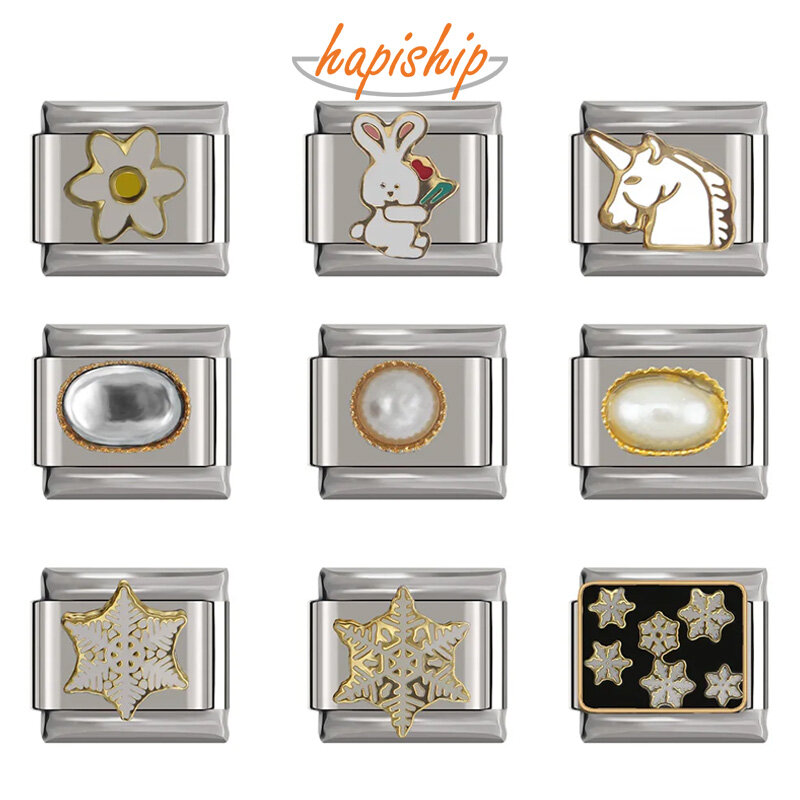 Happishop – Bracelet en acier inoxydable 9mm, lien à breloque, mignon, fleur, lapin, flocon de neige, licorne, Diy, fabrication DJTop17