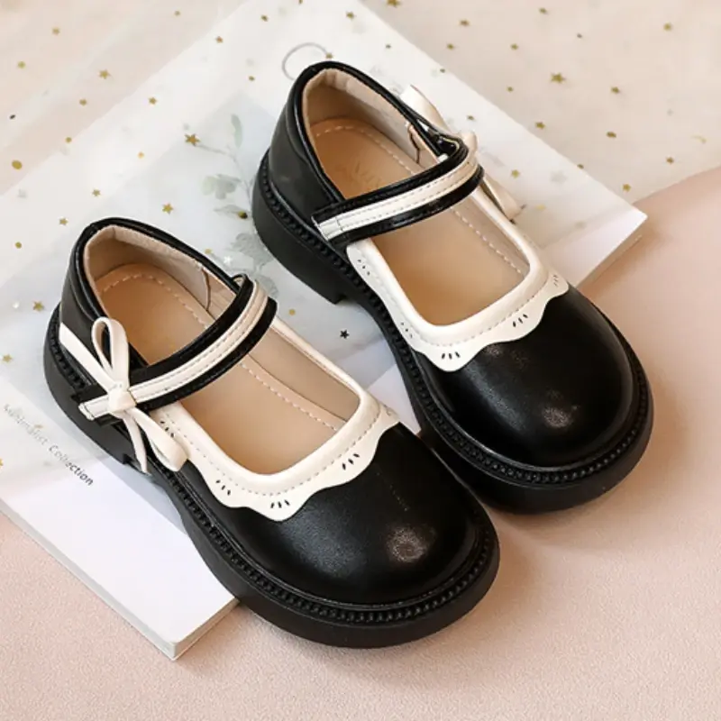 Girl Leather Shoes Mary Jane Elegant Fashion Patchwork Bowknot Children Princess Shoes Sweet Kids School Mary Jane Shoes Causal