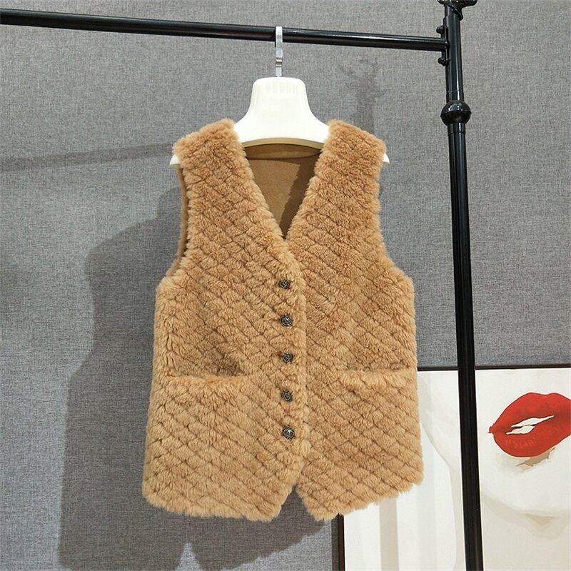 Women's Real Wool Fur Coat Vest Lady Girl Sheep Shearling Warm V-Neck Sleeveless Jacket JT3103