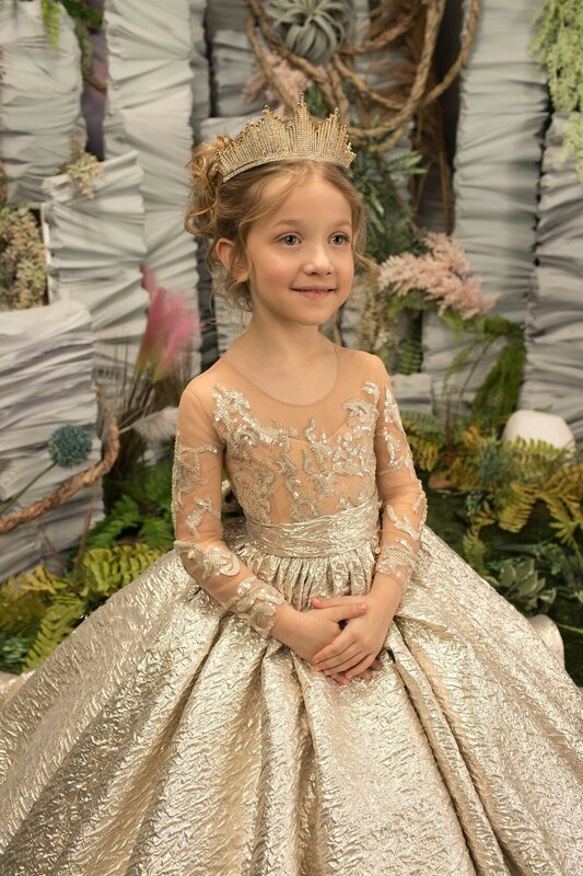Dziewczęca sukienka w kwiaty złoty puszysty pas z kokardą z długim rękawem Fantasy luksusowa suknia urodzinowa druhna z okazji urodzin