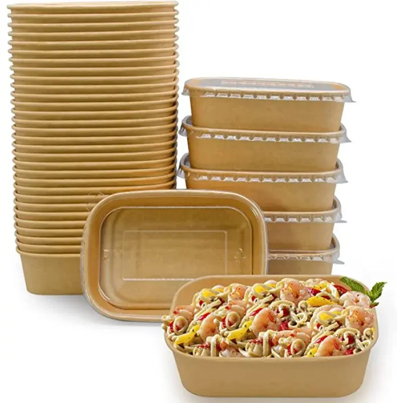 Contenedores rectangulares desechables para alimentos, cuencos de papel Kraft con tapas, 500ml, 650ml, 750ml y 1000ml, producto personalizado