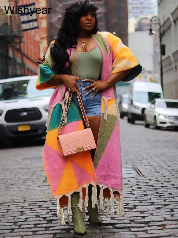 Cardigã de malha oversize com borla para mulheres, jaqueta longa, cardigã batwing, ponto aberto, patchwork colorido, manga longa, streetwear africano