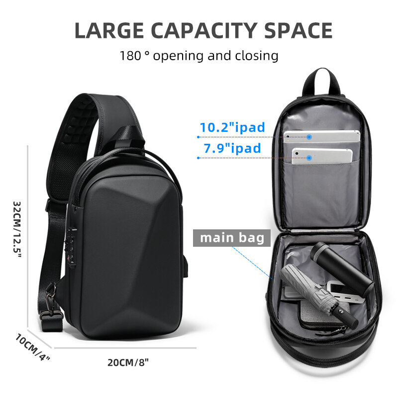 Tas selempang Port pengisi daya USB, tas bahu Anti Maling, tas dada perjalanan pendek tahan air untuk pria, tas selempang casing cangkang keras