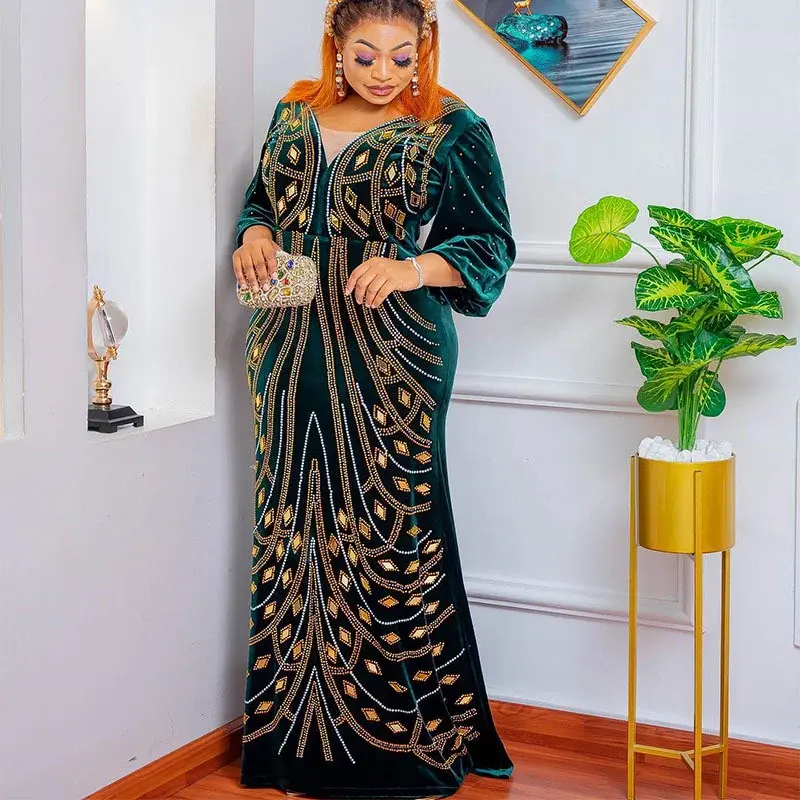 Afrikaanse Mode Fluwelen Avondjurken Voor Vrouwen Luxe Nobele Temperament Diamant Lange Jurk Kalkoen Dames Trouwfeest Outfits