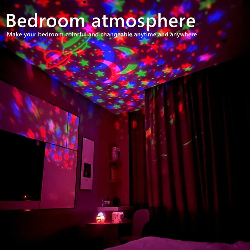 다기능 LED 별이 빛나는 하늘 빛 프로젝션 야간 조명, 침대 옆 침실 분위기 램프, 회전 무대 RGB 프로젝터 램프