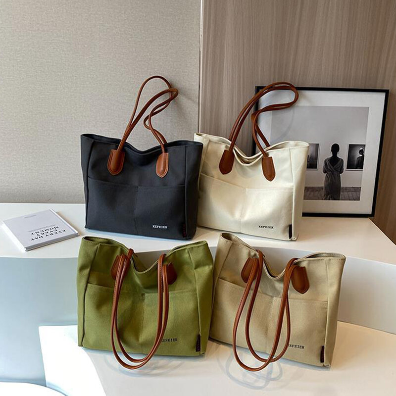 Versatile Large Capacity Canvas Bag Handbag Tote Bag Fashion Shoulder Versatile Tote Bag Solid Color Shoulder Bag College Bags