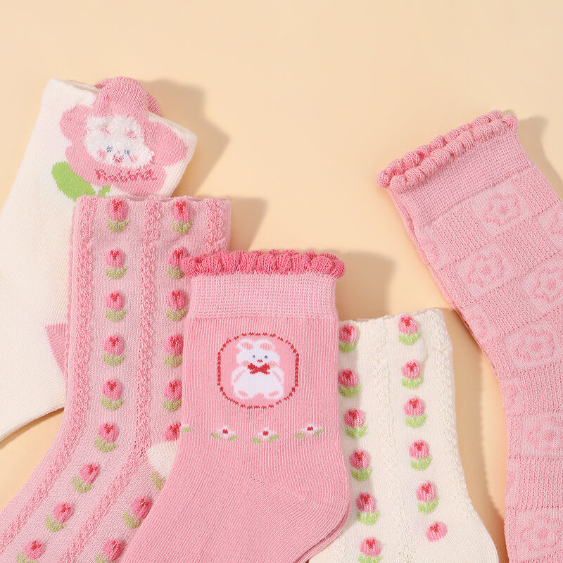 Calcetines de algodón con dibujos animados para niños y niñas, medias elásticas informales de tubo medio, color rosa, conejo encantador, 3 a 5 años, 5 pares por juego