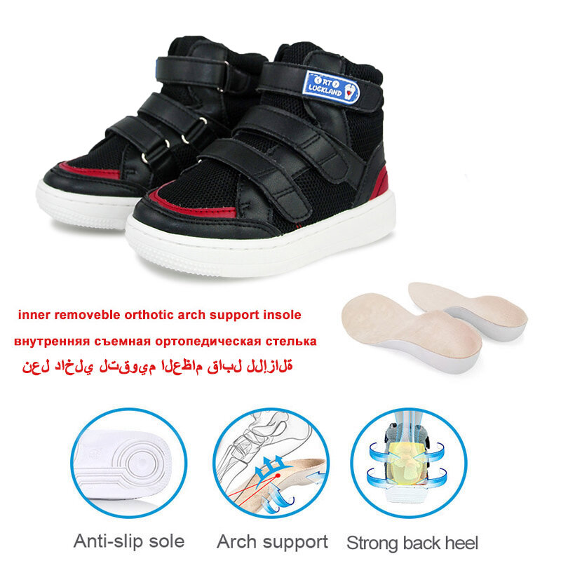 Ortoluckland Black Boys Childes Orthopedic Shoes For Kids Leather Girl Sneakers Arch Support And Corrective Insoles 2 to 7 Years