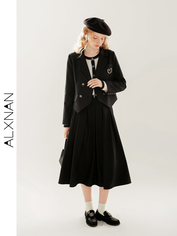 ALXNAN-Chaqueta de moda para mujer, Tops de traje pequeño, abrigo negro, ropa holgada, chaqueta recta con temperamento, TM00305, otoño, 2024
