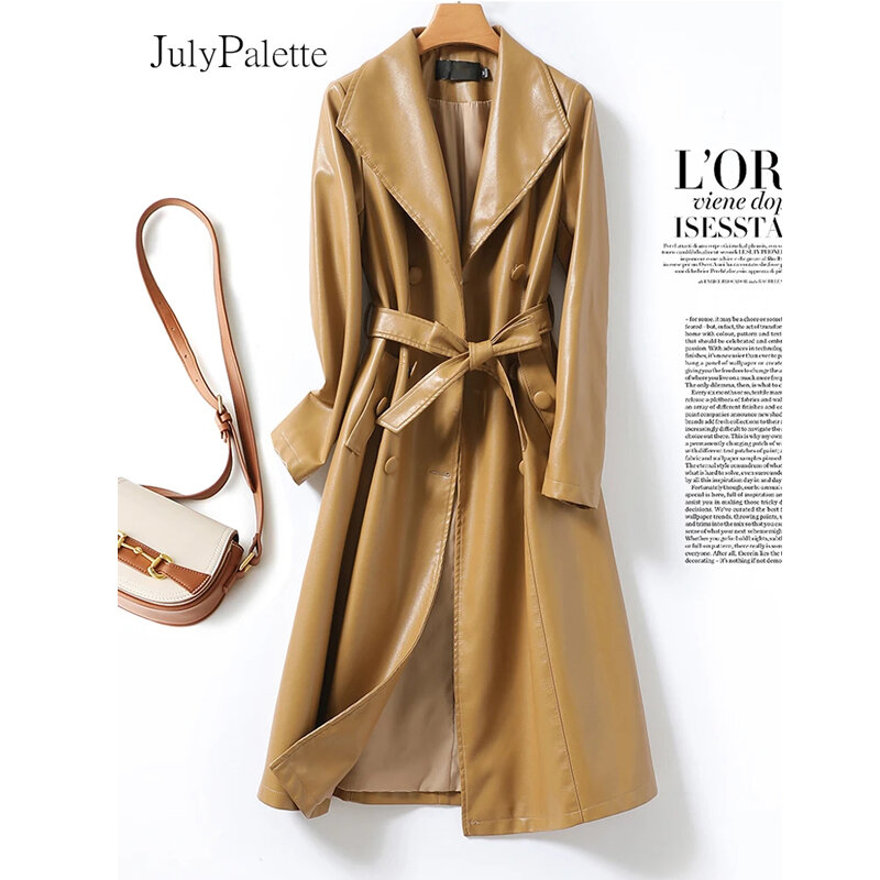 Julypalette-gabardina de piel de oveja para mujer, abrigo de cuero de longitud media con doble botonadura y cordones, ropa de cuero Real, 100%