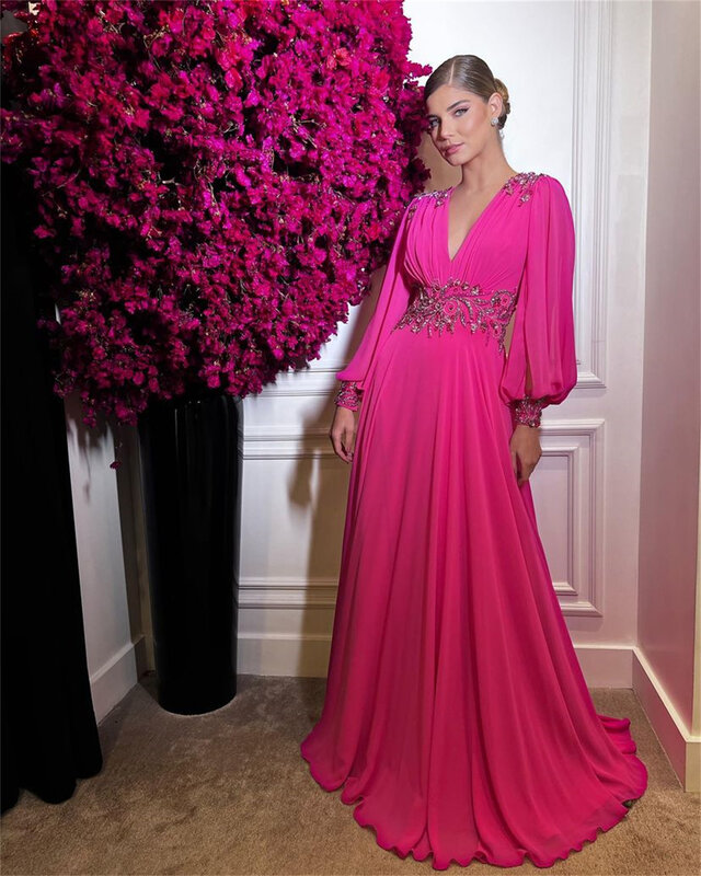 Fuchsia Chiffon Prom Dresses Simple Evening Dress Long Puff Sleeves V Neck Slit A Line Pleat Party Gowns With Butterfly Flowers