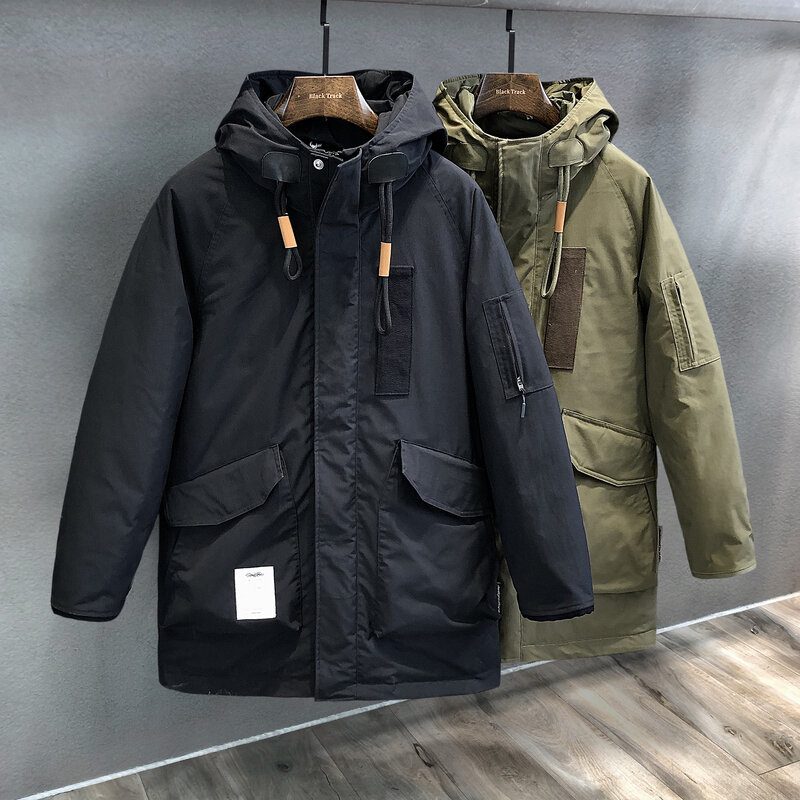 2023 Winter Mens Fashion Hooded White Duck Down Coats Men Long Cargo Thick Warm Jackets Male Solid Color Down Outerwear H495
