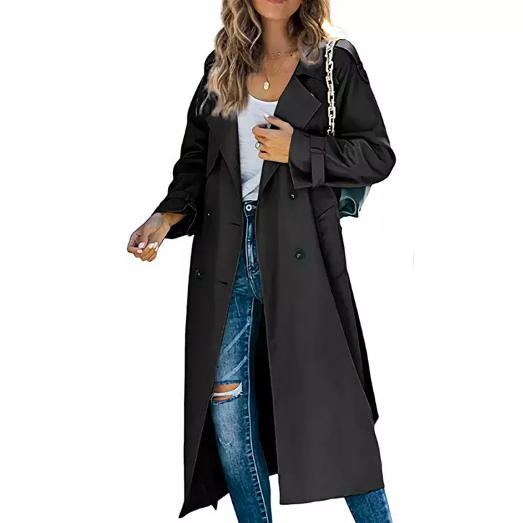 카키 긴 여성용 트렌치 코트, 턴다운 칼라, 캐쥬얼 전체 소매 벨트, 가을 겨울