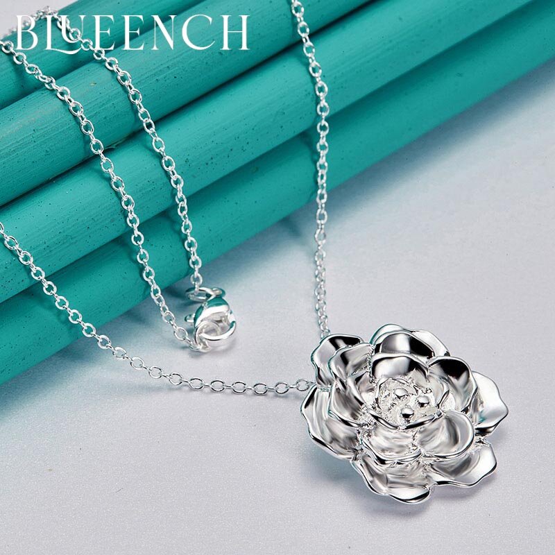 Blueench 925 Sterling Silver Flower Stereo Pendant Necklace for Ladies Wedding Party Fashion Glamour Jewelry