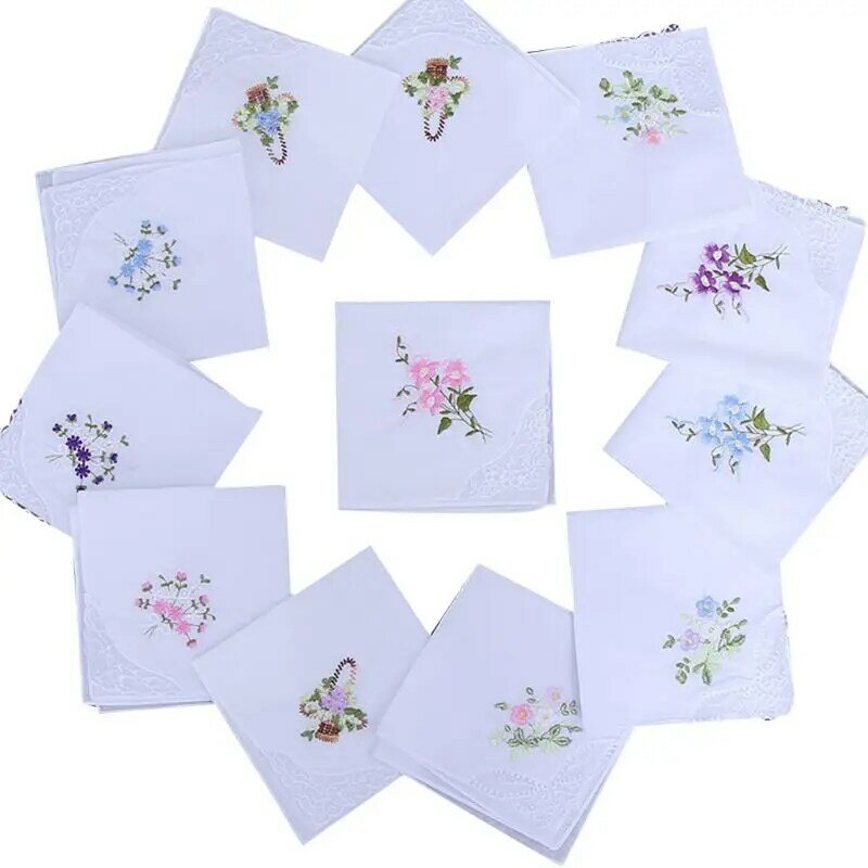 F42F 5 Pcs Womens Cotton Saputangan Floral Bordir untuk Saku Renda Kupu-kupu Ha