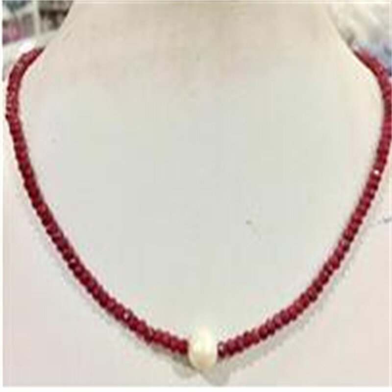 9-10mm bianco perla d'acqua dolce e 2x4mm rosso rubino tondo sfaccettato collana 18"