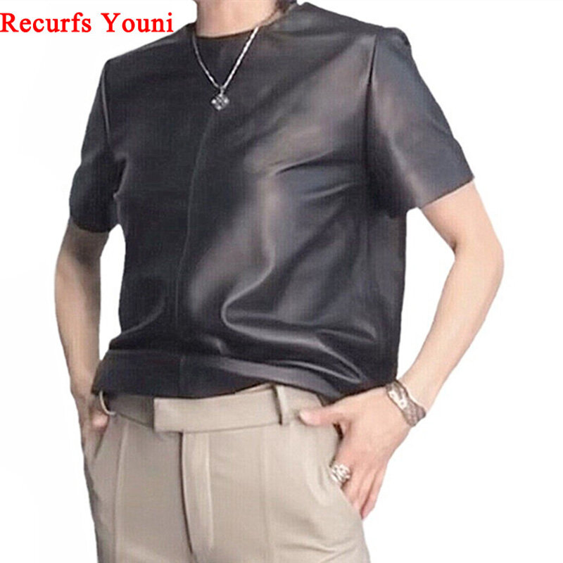 Tops de couro genuíno feminino, pulôver com gola redonda, camisas curtas de manga reta, blusas finas de camurça, primavera e verão 2023