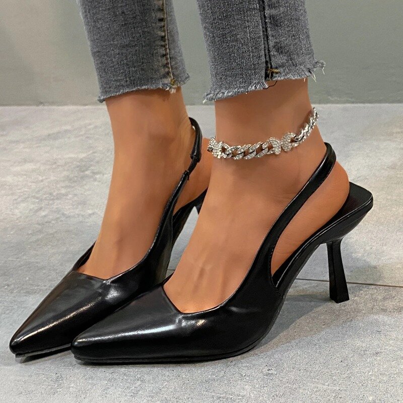 Sandal Slip-On hak tinggi untuk wanita, sandal selop kantor nyaman sehari-hari musim semi ujung lancip, sandal desainer Mode macan tutul untuk wanita