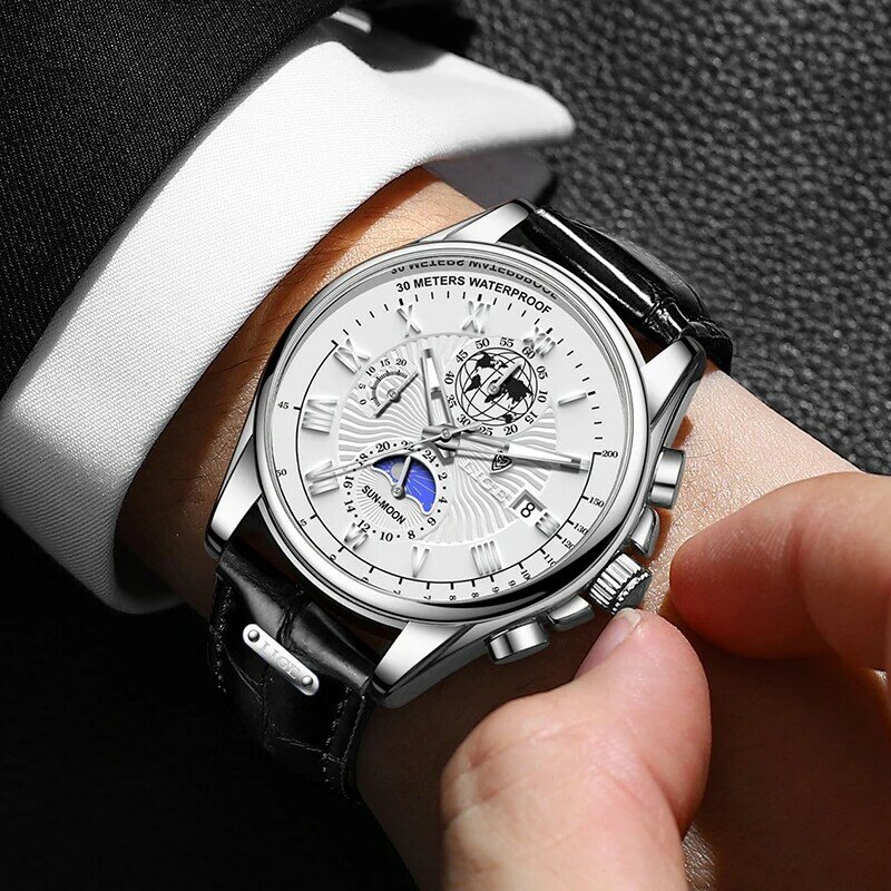 LIGE นาฬิกาผู้ชายแบรนด์หรูผู้ชายนาฬิกาหนังแฟชั่นนาฬิกาข้อมือ Casual นาฬิกาข้อมือควอตซ์ Chronograph นาฬิกากันน้ำ Relogio