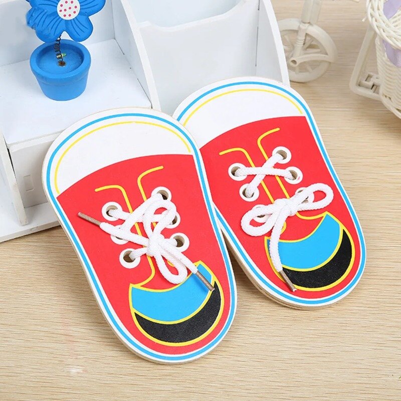 1Pc Children Wooden Flat Shoe String Practice Tying Shoelaces Montessori Toy Puzzle Learning Educational Toys