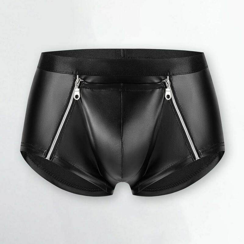 Calzoncillos cortos con doble cremallera para hombre, ropa interior Sexy para discoteca con bolsa de bulto, bragas elásticas de tiro medio para ajuste Delgado