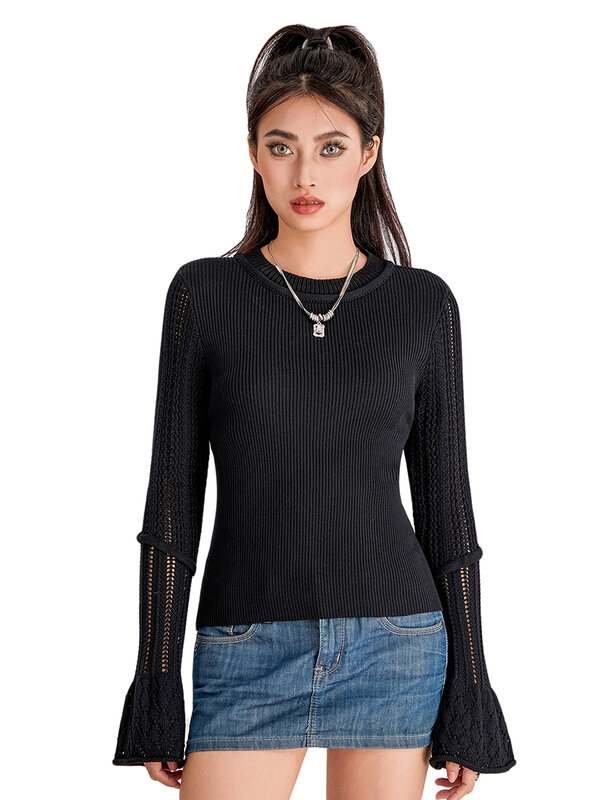 Женские вязаные топы с длинным рукавом, однотонная Базовая рубашка, Повседневный пуловер для осени, Клубная уличная одежда, эстетические Топы